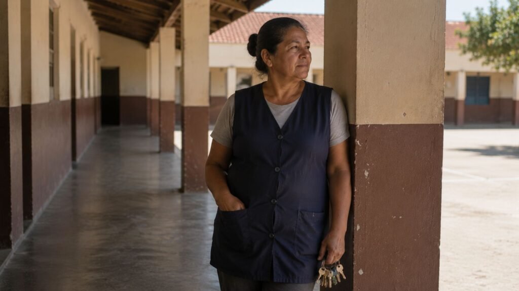 Servidora publica municipal no corredor de uma escola, em dia de trabalho