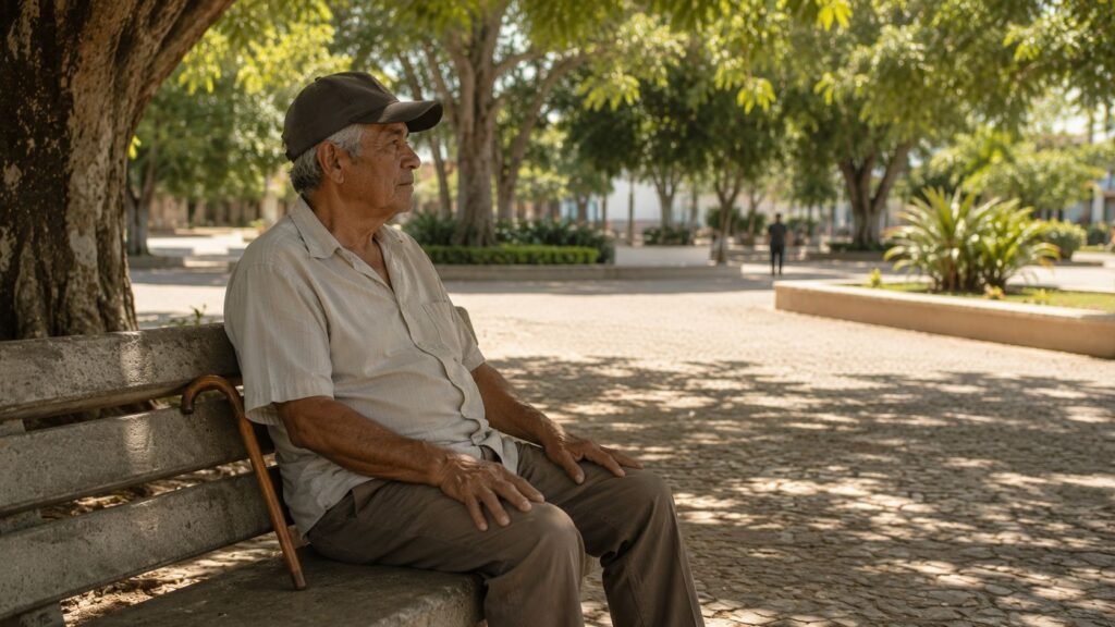 Aposentado sentado sozinho em banco de praca, em manha de sol