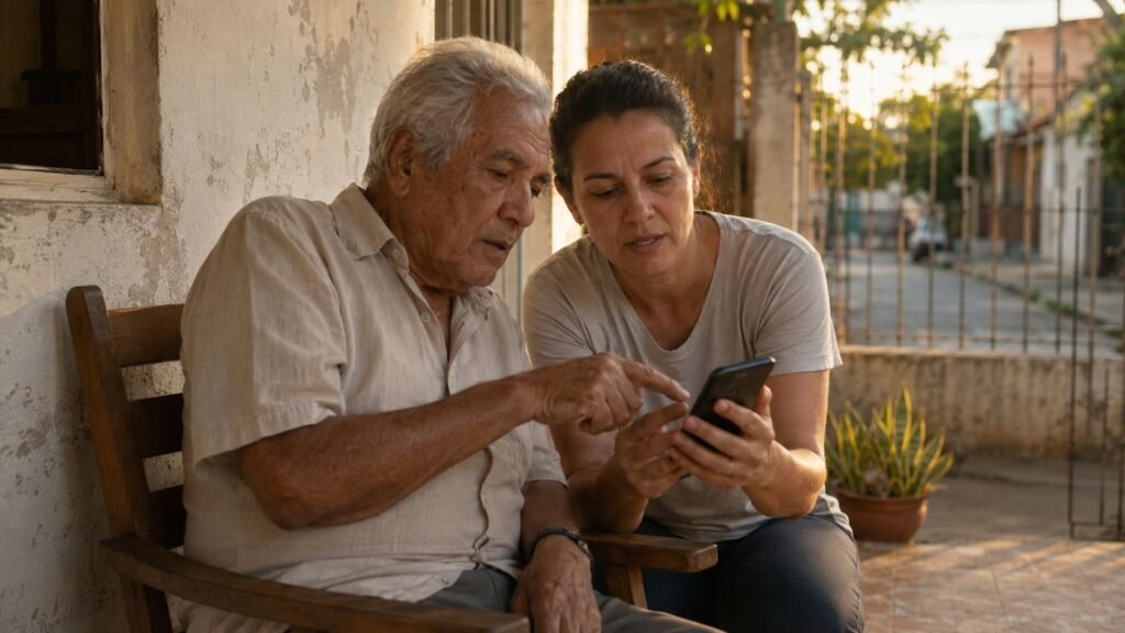 Aposentado e filha conferindo o andamento do pedido do INSS no celular, na varanda de casa