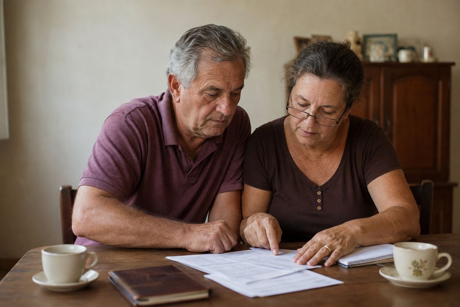 Casal de aposentados conferindo documentos de contribuição em casa, em Lins/SP