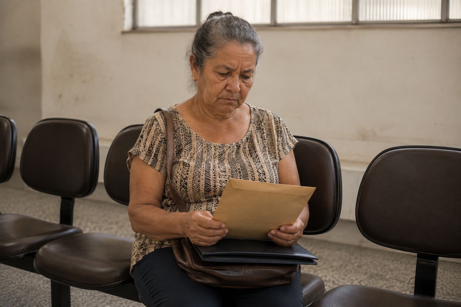Segurada aguardando atendimento com carta do INSS em mãos, em Lins/SP