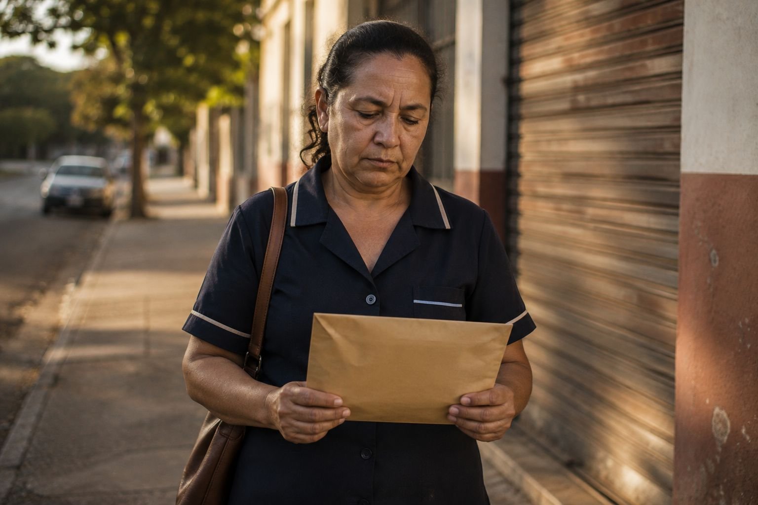Trabalhadora na saída do expediente com documentos da rescisão, em Lins/SP