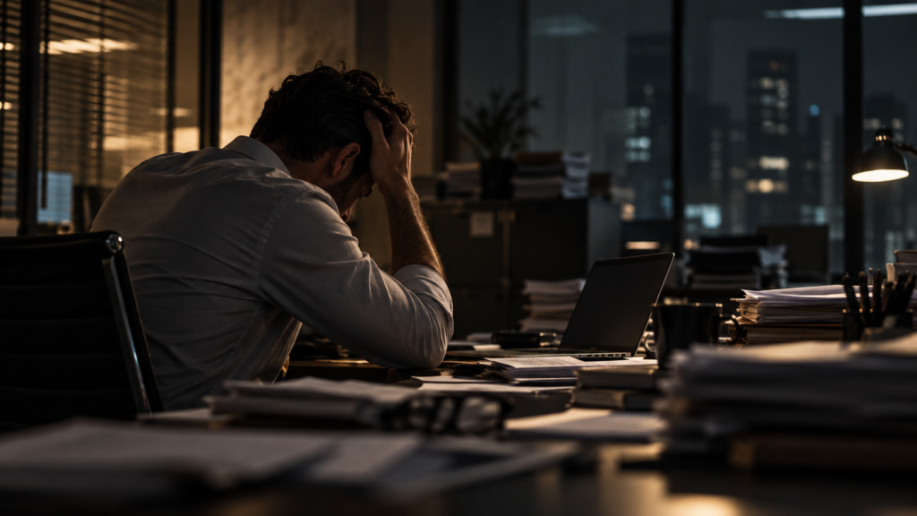 Profissional esgotado em ambiente de trabalho, representando burnout e sequela psíquica ocupacional